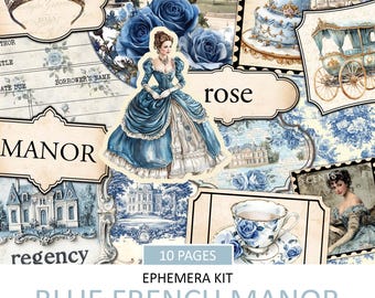 Blue French Manor Ephemera Kit: Regency Style Collage (Printable)