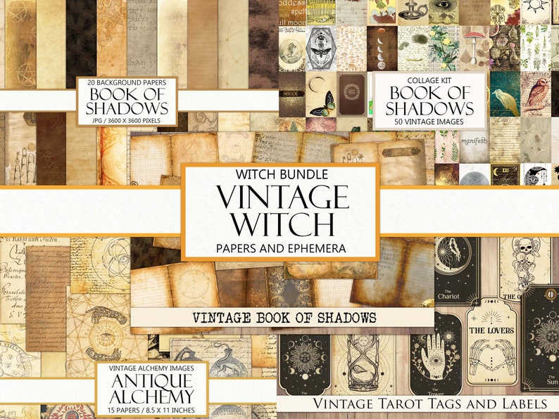May include: A digital collage kit for crafting a vintage witch-themed book of shadows. The kit includes 20 background papers, 50 vintage images, 15 antique alchemy images, and vintage tarot tags and labels. The images feature a variety of vintage illustrations, including moons, stars, hands, eyes, and tarot cards.
