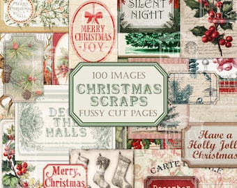 May include: A collage of vintage Christmas-themed ephemera. Includes tags with "Merry Christmas" and "Joy", a sign that reads "Silent Night", and a sign that reads "100 Images Christmas Scraps Fussy Cut Pages".