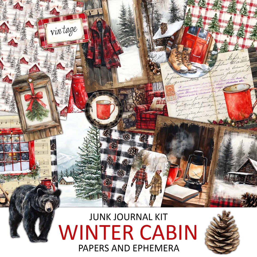 Vintage Winter Cabin Junk Journal Kit: Holiday Ephemera (digital ...