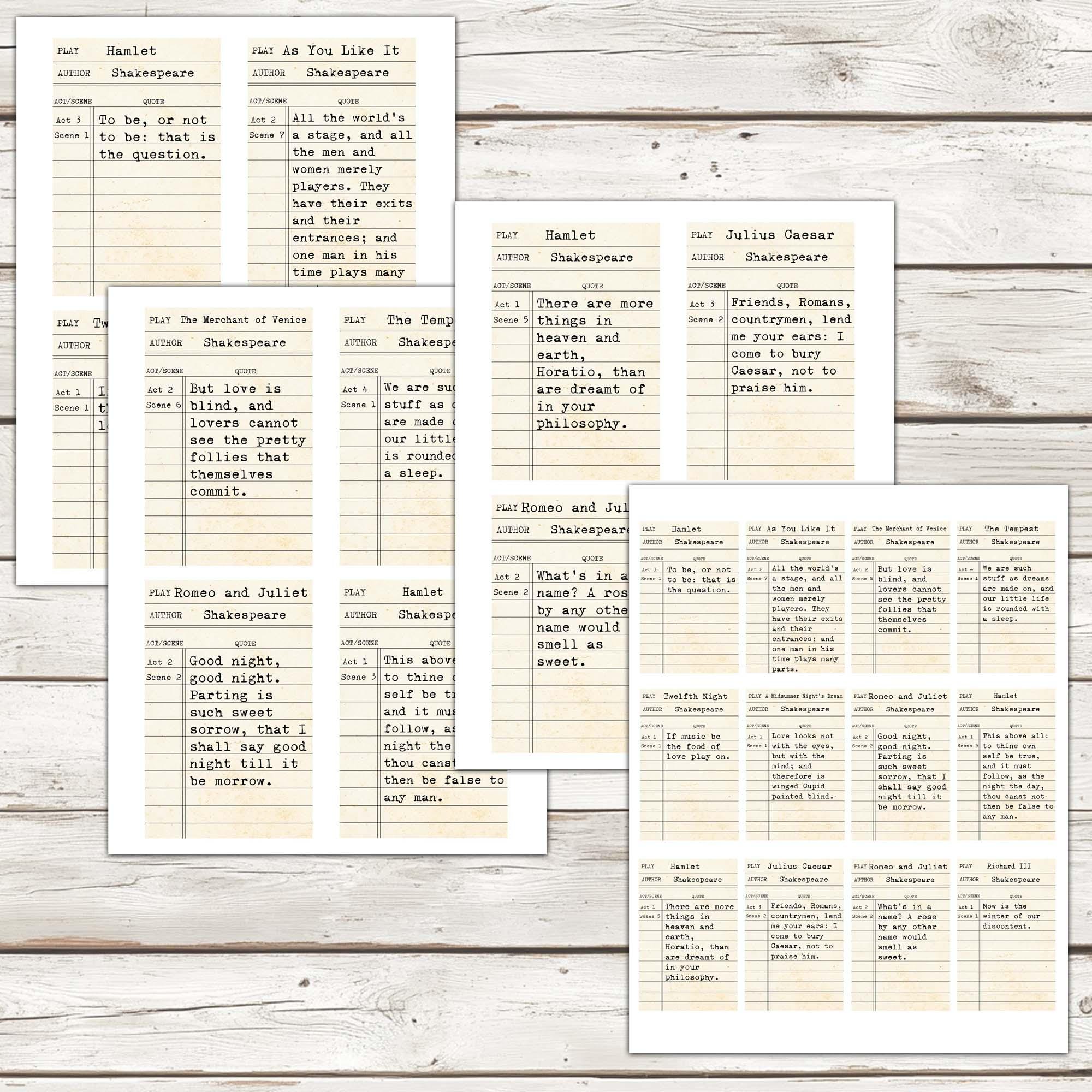 Shakespeare Library Card Vintage Shakespeare Quotes Library Cards, Junk Journal Ephemera ...
