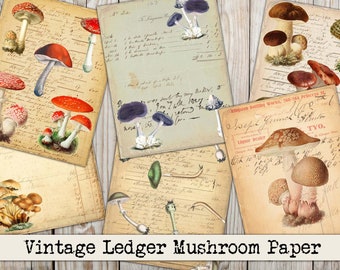 Digital Junk Journal Paper, Vintage Mushroom Ledger, Journal Ephemera, Antique, Forest Fungus, Old Paper, Scrapbook Background, Printable