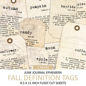 May include: A set of 10 printable fall definition tags with vintage-inspired typography. The tags feature words like "autumn", "pumpkin", "hayride", "candy", "sunflower", "moon", "apple", and "coffee". The tags are designed for use in junk journals and other paper crafts.