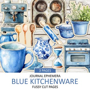 May include: Watercolor illustration of blue kitchenware, including a coffee machine, mug, teapot, rolling pin, and oven. The image also features a muffin tin, wooden spoons, a pitcher, a pot, an hourglass, and a potted plant. Text at the bottom reads "BLUE KITCHENWARE".