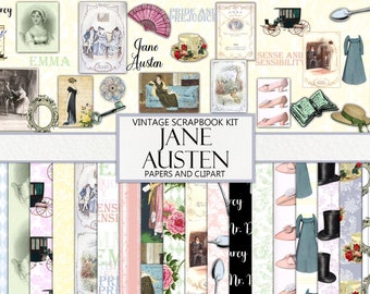 Jane Austen Scrapbook Kit, Junk Journal, Vintage Ephemera, Paper Craft Kit, Fussy Cut, Autor, alte Literatur, digitaler Download