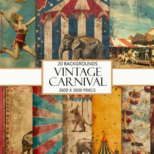 Imágenes de fondo de carnaval angustiadas, circo vintage, grandes imágenes antiguas, papeles de álbum de recortes, efímera de diario basura, descarga instantánea