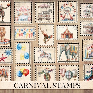 Vintage Carnival Stamps, Antique Ephemera, Fussy Cut, Sticker Sheet, Junk Journal Supplies, Big Top Circus Image Scraps, Instant Download