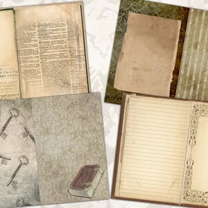 May include: A set of four vintage-style scrapbook paper pages. The pages feature a variety of designs, including a chandelier, keys, a book, and a patterned background. The pages are all in shades of brown, beige, and white.