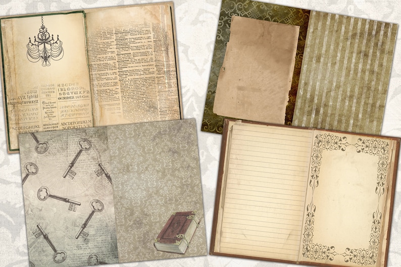May include: A set of four vintage-style scrapbook paper pages. The pages feature a variety of designs, including a chandelier, keys, a book, and a patterned background. The pages are all in shades of brown, beige, and white.