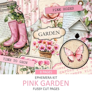 Kit vintage de itens para jardim rosa, flor antiga, corte elegante da natureza da primavera, suprimentos para diário, colagem, jardinagem, download instantâneo