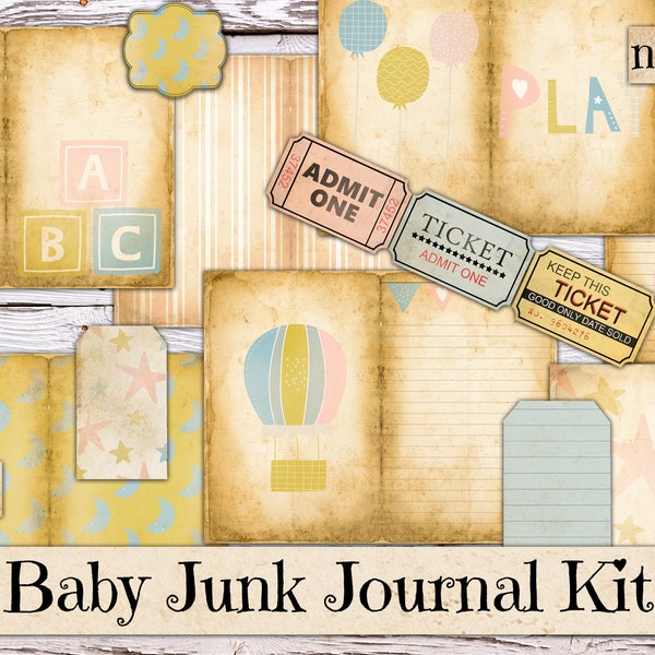 Printable Junk Journal Kit, Vintage Nursery Baby, Ephemera, Fussy Cut, Word Scraps, Postcards, Tags and Labels, Instant Download