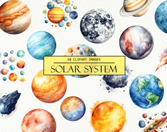 Watercolor Solar System Clipart: Planets, Sun & Moon (PNG Digital Download)