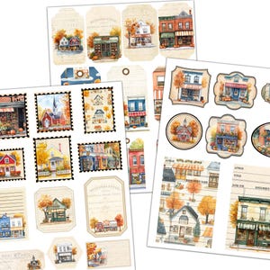 Puede incluir: Un paquete de papel digital con im&aacute;genes de tiendas y edificios con tem&aacute;tica oto&ntilde;al. Las im&aacute;genes est&aacute;n en un estilo vintage con colores c&aacute;lidos y un ambiente r&uacute;stico. El paquete incluye im&aacute;genes de varios tama&ntilde;os y formas, perfectas para scrapbooking, creaci&oacute;n de tarjetas y otras manualidades de papel.