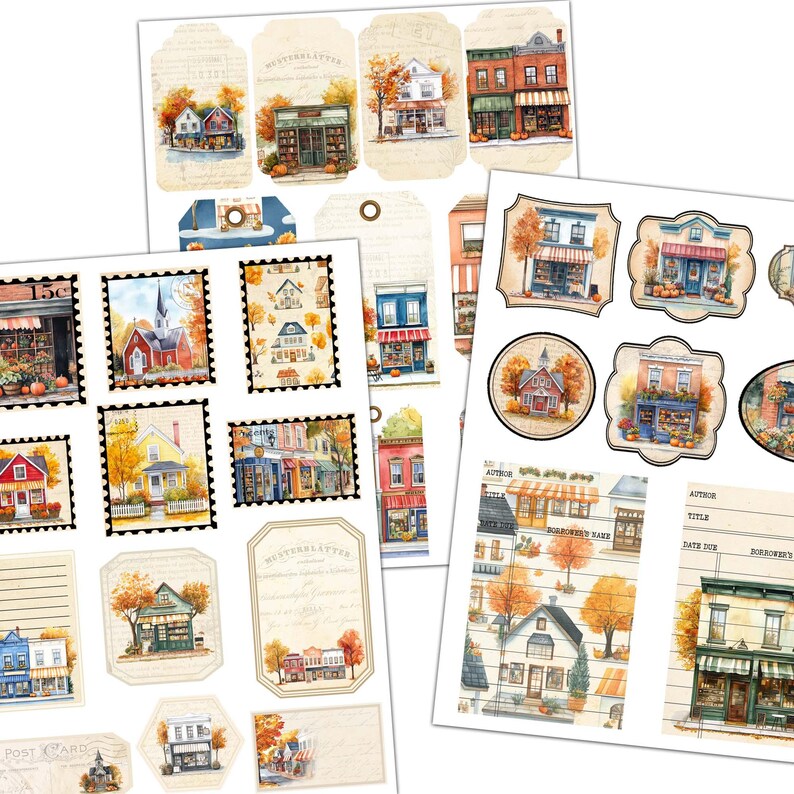 Puede incluir: Un paquete de papel digital con im&aacute;genes de tiendas y edificios con tem&aacute;tica oto&ntilde;al. Las im&aacute;genes est&aacute;n en un estilo vintage con colores c&aacute;lidos y un ambiente r&uacute;stico. El paquete incluye im&aacute;genes de varios tama&ntilde;os y formas, perfectas para scrapbooking, creaci&oacute;n de tarjetas y otras manualidades de papel.
