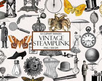 Vintage Steampunk Clipart: 53 Mechanical Illustrations (PNG, Instant Download)