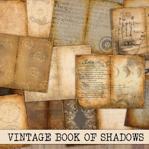 May include: Vintage Book of Shadows digital paper pack with 10 pages featuring various textures, patterns, and symbols. The pages include pentagrams, moons, a hand with an eye, and handwritten text.