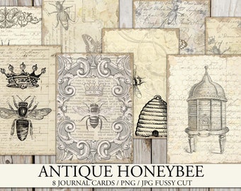 May include: Eight vintage-style journal cards featuring antique illustrations of honeybees, beehives, and a beekeeper's hive. The cards have a distressed, aged paper background with handwritten text and floral designs.