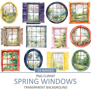 Imágenes prediseñadas de marco de ventana de primavera en acuarela, imágenes prediseñadas de vista estacional, sublimación de ventana de flores, álbum de recortes, efímera de diario basura, imagen PNG