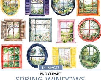 Watercolor Spring Window Clipart: Floral PNG Images (Digital Download)