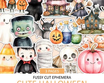 Watercolor Cute Halloween Fussy Cut Ephemera (Digital Download)