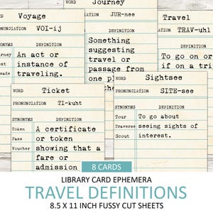 Druckbare Vintage Travel Definition Bibliothekskarten, Pingeliger Schnitt, Ephemera Pack, Junk Journal Zubehör, Wörterbuch Wort, Urlaub, Herunterladen