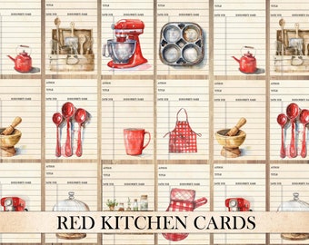 May include: Nine red kitchen themed printable cards with a lined background. The cards feature images of a red kitchen mixer, a red tea kettle, a red measuring cup, a red apron, a red kitchen scale, and a red measuring spoon set.