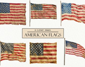 Watercolor Vintage American Flags Clipart: Independence Day PNGs (Digital Download)