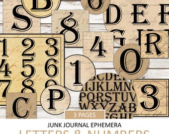 May include: A collection of vintage-style paper ephemera featuring letters and numbers. The design includes various sizes and shapes, with a distressed, aged appearance. The text "LETTERS & NUMBERS" and "FUSSY CUT PAGES" are visible.