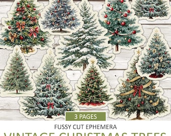 Watercolor Christmas Tree Fussy Cuts, Vintage Ephemera (Digital Download)