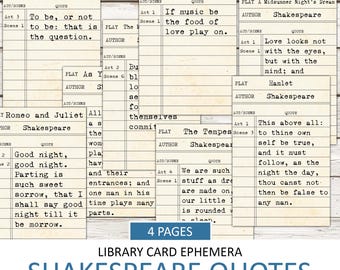 Vintage Shakespeare Quotes Library Cards, Junk Journal Ephemera (Digital Download)
