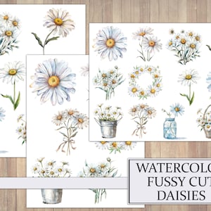 Taglio pignolo della margherita estiva dell'acquerello, effimera del diario spazzatura, abbellimento dell'album, margherite floreali, foglio tagliato a fiori, download stampabile
