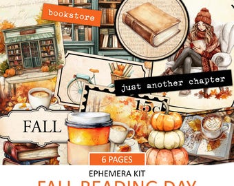 May include: A digital scrapbooking kit with 6 pages of fall-themed illustrations, including a bookstore, pumpkins, coffee cups, and a woman reading a book. The kit includes the text "Fall Reading Day" and "Just Another Chapter".