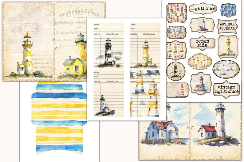 Watercolor Lighthouse Junk Journal Kit: Vintage Beach Ephemera (digital ...