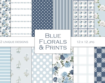 Blue Floral Scrapbook Paper: 12x12 Junk Journal Backgrounds (Digital Download)