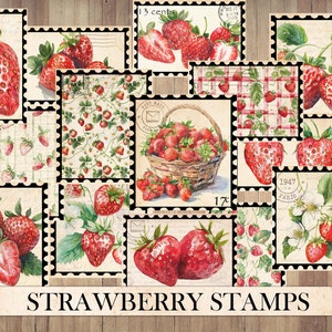 Vintage aardbeienstempels, antiek kortstondig, kieskeurig gesneden, stickervel, junk Journal Supplies, zomerfruit, aardbei, Instant Download