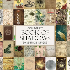 May include: A collage kit with 50 vintage images featuring a variety of designs, including moons, butterflies, owls, frogs, plants, and text. The title of the kit is "Book of Shadows".