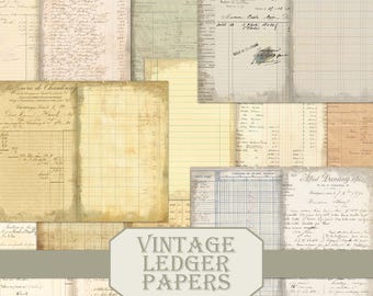 Peut inclure: Un collage de papiers de registre vintage dans diverses tailles et nuances de beige, crème et tan. Certains papiers présentent des écritures manuscrites et des lignes quadrillées. Le texte "VINTAGE LEDGER PAPERS" est affiché sur une bannière gris clair.