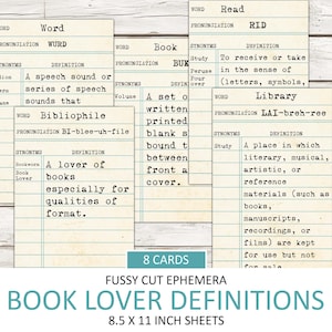Tarjetas de biblioteca imprimibles con definición de amante de los libros antiguos, corte elegante, paquete de efímeras, suministros para diarios basura, palabras de diccionario, lectura