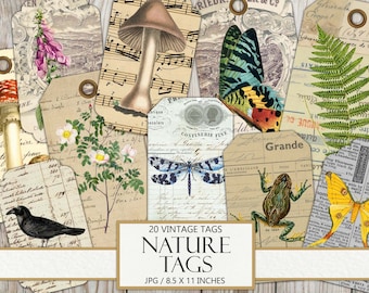 Vintage Nature Ephemera Tags: Junk Journal Embellishments (Instant Download)