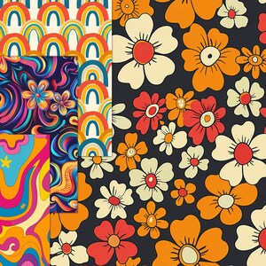 Seamless 70s Retro Images, Watercolor Colorful Design, Hippe Image ...