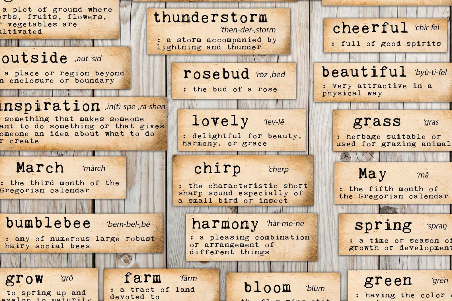 Spring Dictionary Words, Printable Junk Journal Ephemera, Grunge