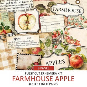 Vintage Farmhouse Apple Ephemera Kit, Temporada de frutas de otoño, Estética de otoño, Corte exigente de huerto, Suministros de diario basura, Collage, Imprimible