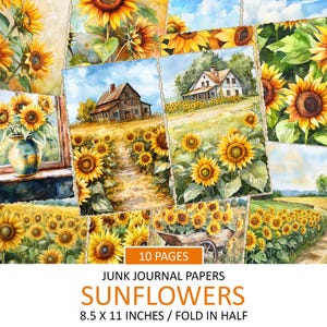 Printable Junk Journal Papers, Vintage Sunflowers, Signature Sheets, Floral Design, Yellow Flowers Scrapbook Background, Instant Download