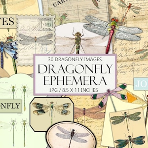 Printable Dragonfly Ephemera Kit, Vintage Fussy Cut, Junk Journal Supplies, Collage, Insect, Antique, Commercial Use