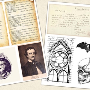 May include: A collage of images related to Edgar Allan Poe, including a portrait of the author, a handwritten letter, a gothic window, a skull, a bat, and a feather. The letter is dated February 17, 1847 and signed "Truly yours, Edgar A. Poe."