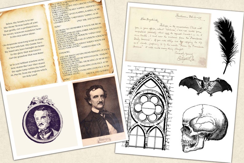 May include: A collage of images related to Edgar Allan Poe, including a portrait of the author, a handwritten letter, a gothic window, a skull, a bat, and a feather. The letter is dated February 17, 1847 and signed "Truly yours, Edgar A. Poe."