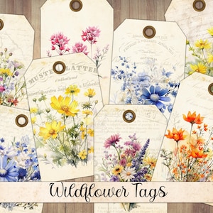 Etiquetas de flores silvestres vintage, itens efêmeros de verão, impressão antiga, cartões de diário, etiquetas, enfeites de diário de lixo, corte exigente, download instantâneo