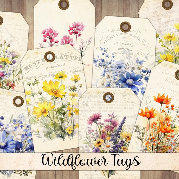 Vintage Wildflower Tags, Summer Ephemera, Antique Print, Journal Cards, Labels, Junk Journal Embellishment, Fussy Cut, Instant Download