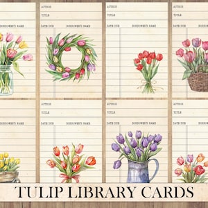 Printable Vintage Library Cards, Antique Tulips, Fussy Cut, Ephemera Pack, Junk Journal Supplies, Spring Flower, Scrapbook Scraps
