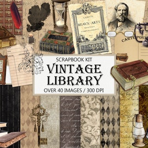 Antique Library Scrapbook Kit, Junk Journal, Vintage, Ephemera, Old Books, Paper Craft Kit, Fussy Cut, Embellishments, Digital Download